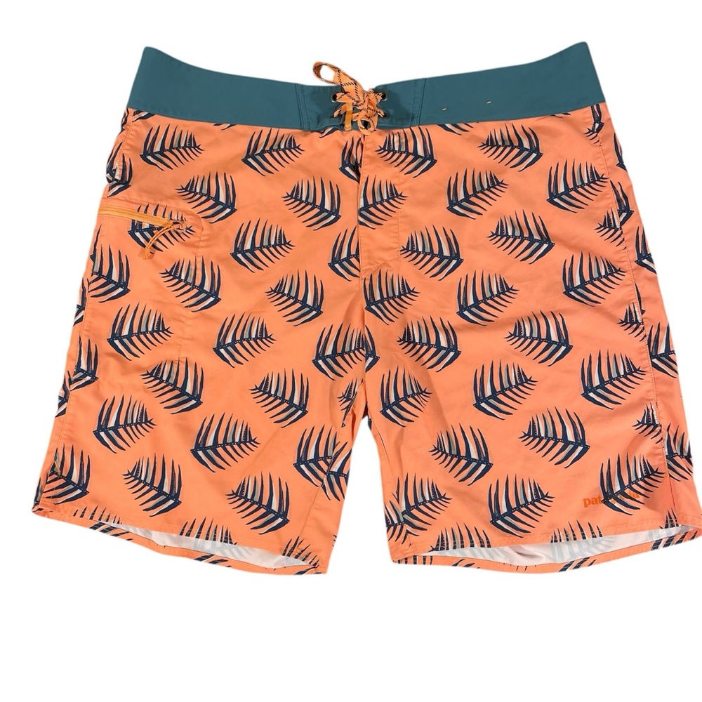 Patagonia Orange and Teal Leaf Print Board Shorts